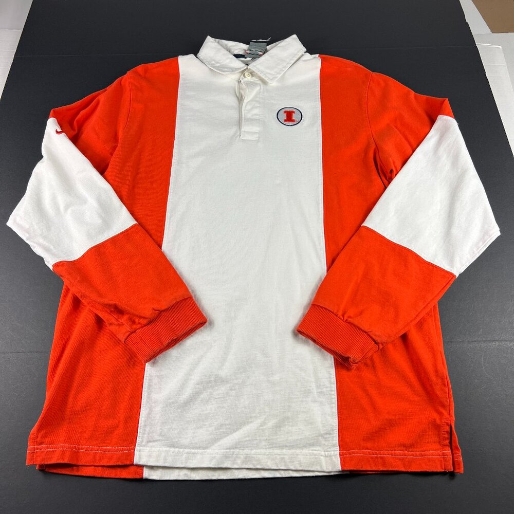 VTG Nike Illinois Fighting Illini Rugby Shirt Large Orange & White Embroidered